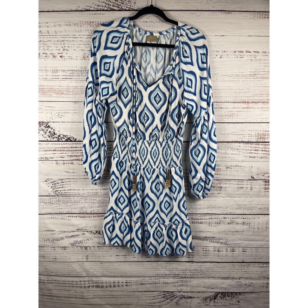 Skemo Dress Womens Medium Blue Geometric Beaded Smocked Boho Long Sleeve Beachy